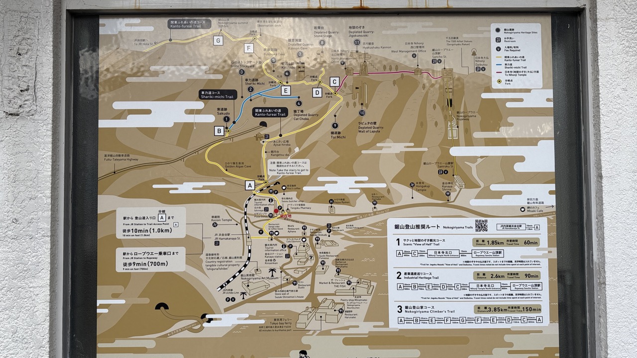 A地点が登山口でC地点からロープウェー山頂駅にアクセスできる鋸山の現地案内マップ