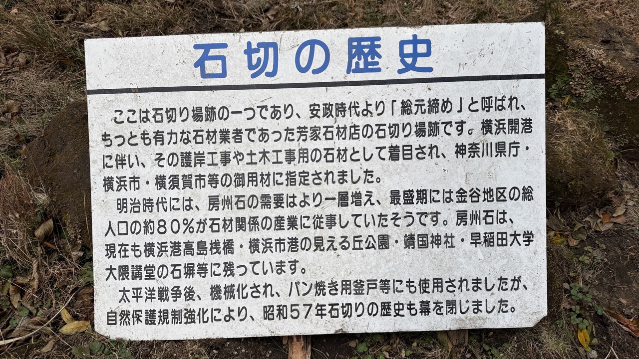 最盛期には金谷地区の総人口の約8割が石材関係の仕事に従事していたことを解説する看板