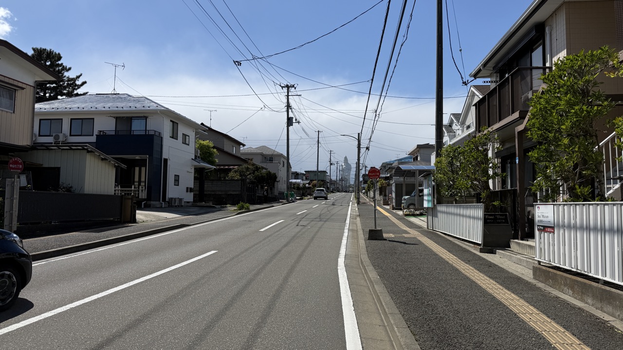 中山7丁目の交差点を曲がると進行方向のはるか彼方に見えてくる仙台大観音らしき物体