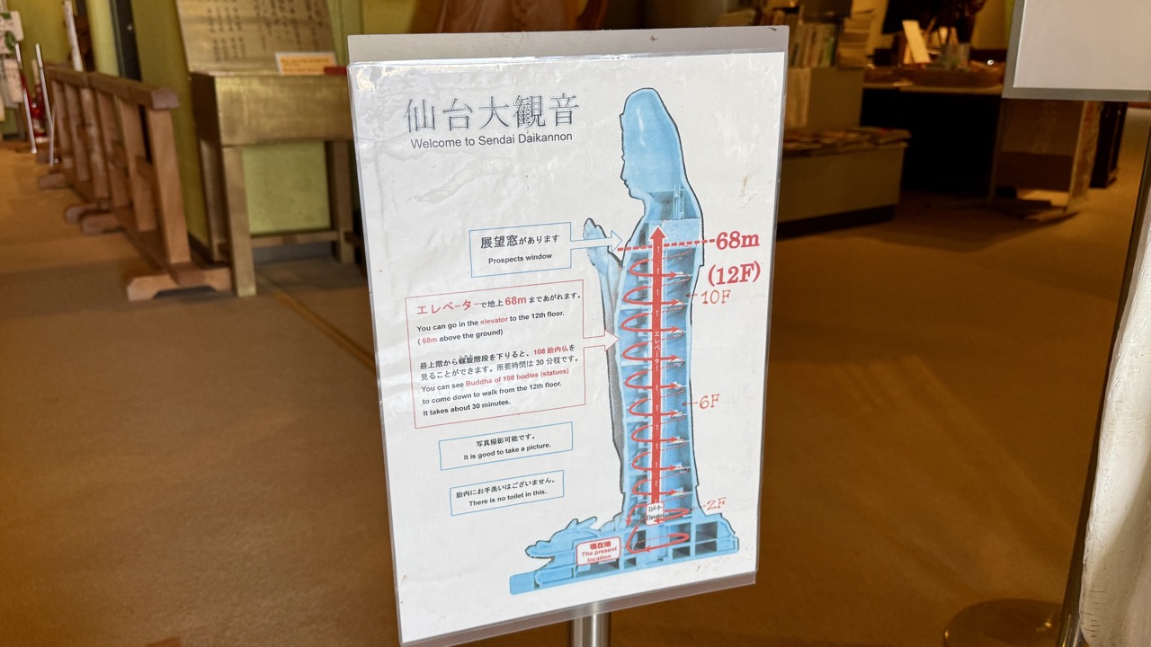 12階層の内部をエレベーターと階段で登れる仙台大観音の胎内見学・展望階は胸のあたり高さ68mの場所にある