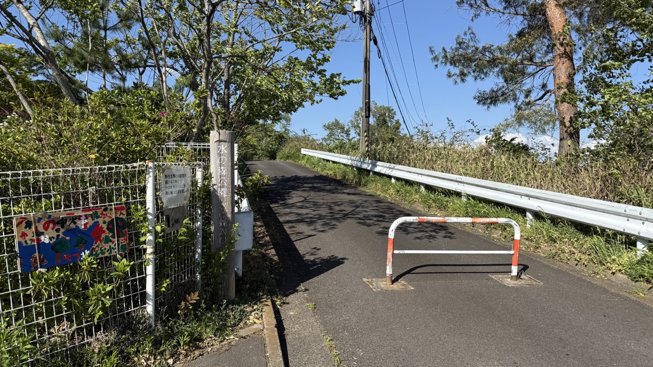 注意しないとスルーしてしまいそうな控えめな看板が立つ水の森公園の南口