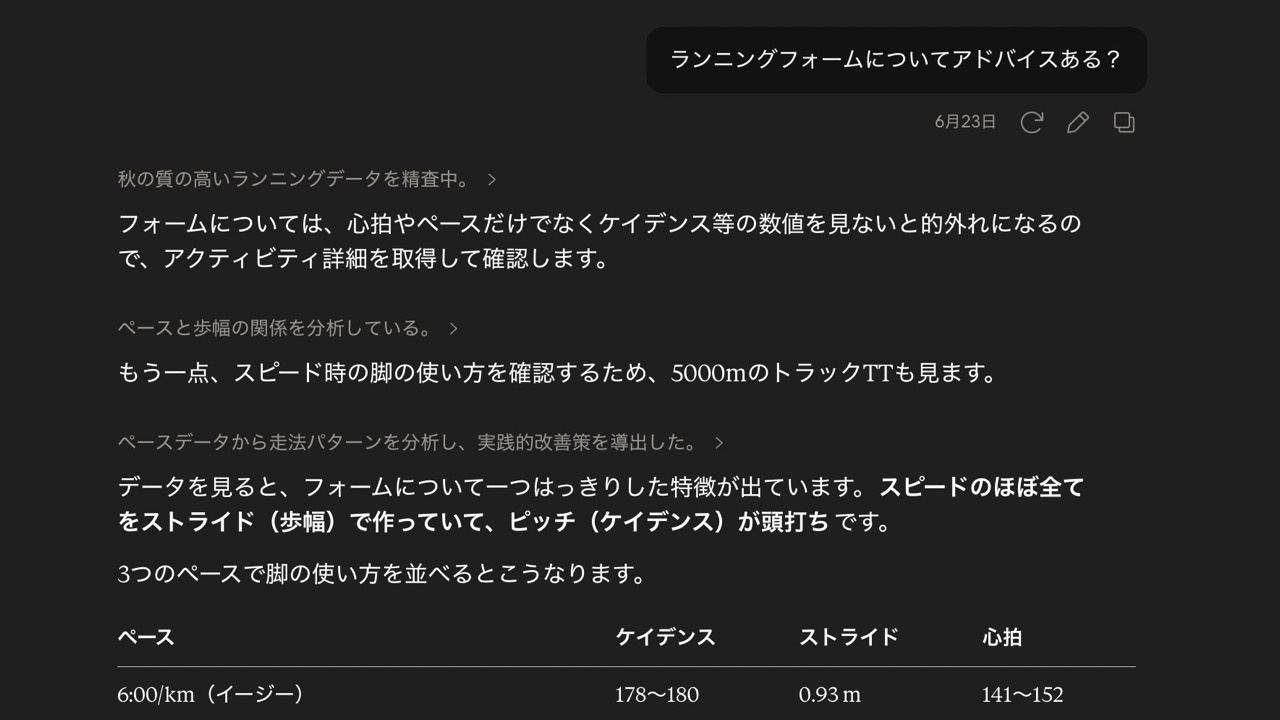 カロス×ClaudeのMCP連携でランニングデータをAIが分析する様子